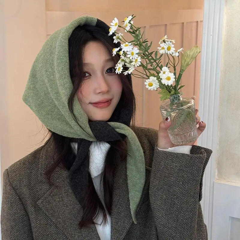 

100% Real Wool Knitted Triangle Scarf Women Neck Warmer Korean Triangular Knitted Headscarf Winter Warm Knitted Shawls Scarf