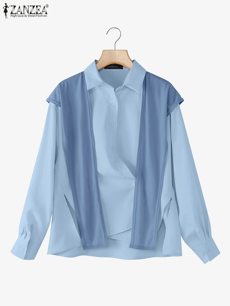 

ZANZEA лоскутные рубашки в корейском стиле 2025 женские осенние топы с длинными рукавами и шалью модная однотонная туника с лацканами и воротником