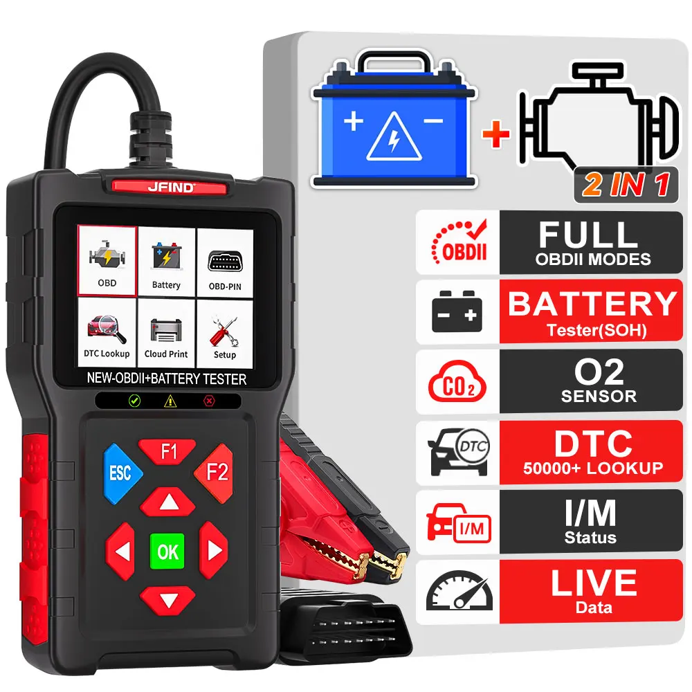 JFIND JF700 12V 24V Car Motorcycle Battery Tester OBDII Scanner Battery Tester 2IN1 Code Reader Diagnostics Tools SOH Live Data