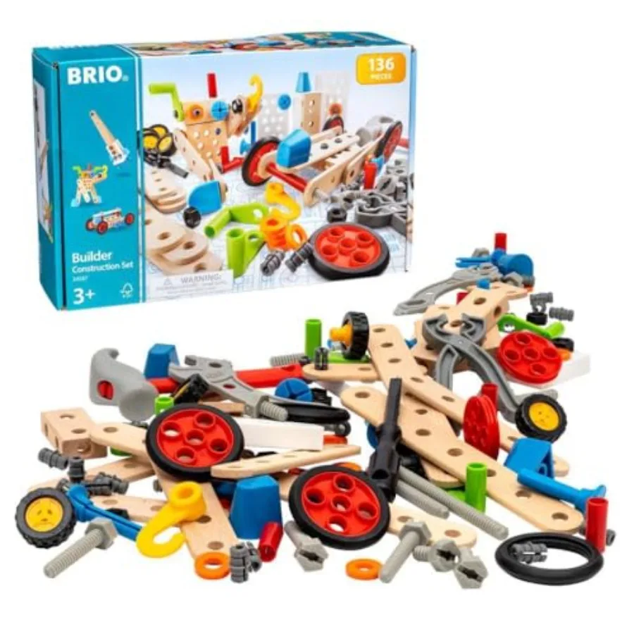 STEM toy for kids aged 3+ wood and plastic construction set in natural wood color enhances creative skills safety tested 136-pi