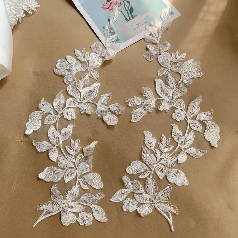 

NEW Design Embroidery Floral Beaded Sequins Lace Applique Medallions Piece Mirror lace For Wedding Dress Accessories