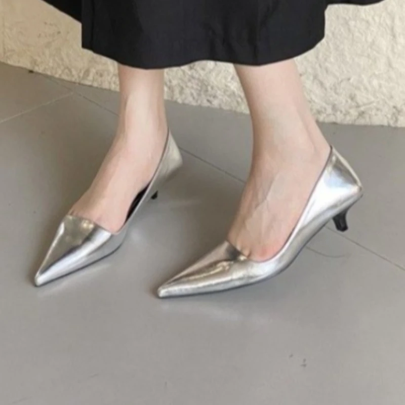 2024 New Women Low Kitten Heel Single Shoes,Fashion Low Heels,Shallow Out Slip on,35-39,Black,Gold,Silver,Dropship