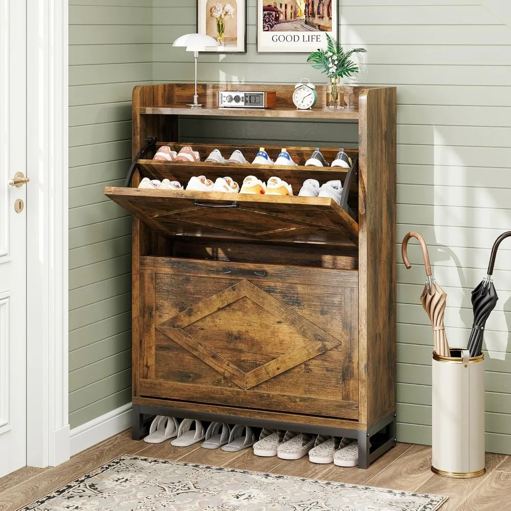 

Shoe Cabinet, Shoe Storage Cabinet with 2 Flip Drawers & Adjustable Shelf, Space-Saving Shoe Organizer – Holds 12+ Pairs, Narrow