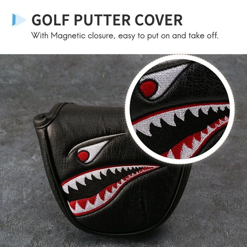 [NEW!ABKG】 1Pc PU Leather With Shark Embroidery Magnet Golf Mallet Putter Head Cover Golf Club Putter Headcovers