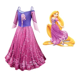 Girls Dress Halloween Cosplay Clothing Rapunzel Le Pei Long Hair Princess Kids Cartoon Pattern Birthday Party Ruffle Edge Skirt