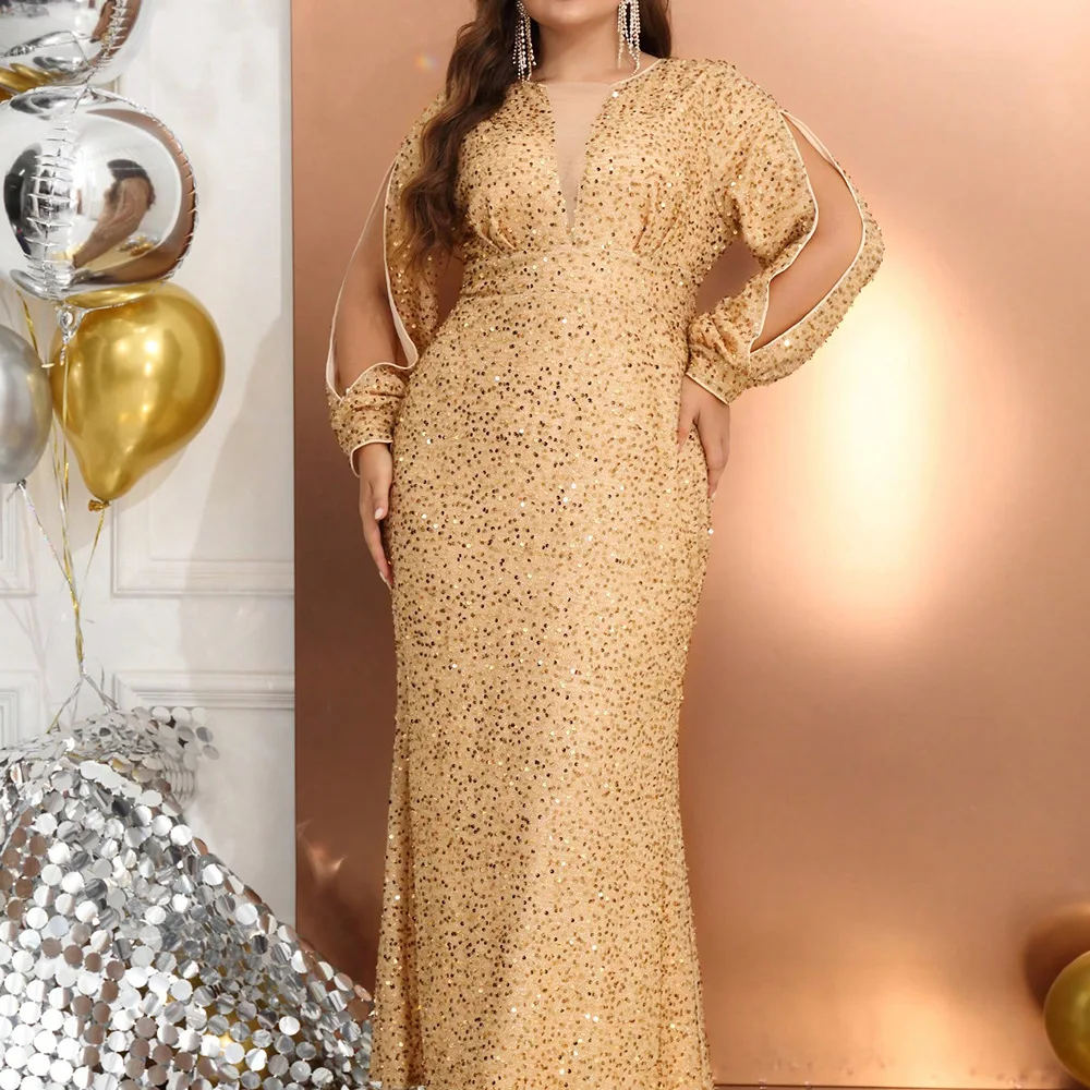 Plus Size Women Wedding Dresses Sexy Temperament Sequins Splicing Long-sleeved Dress V-neck Solid Color Elegant Evening Dresses