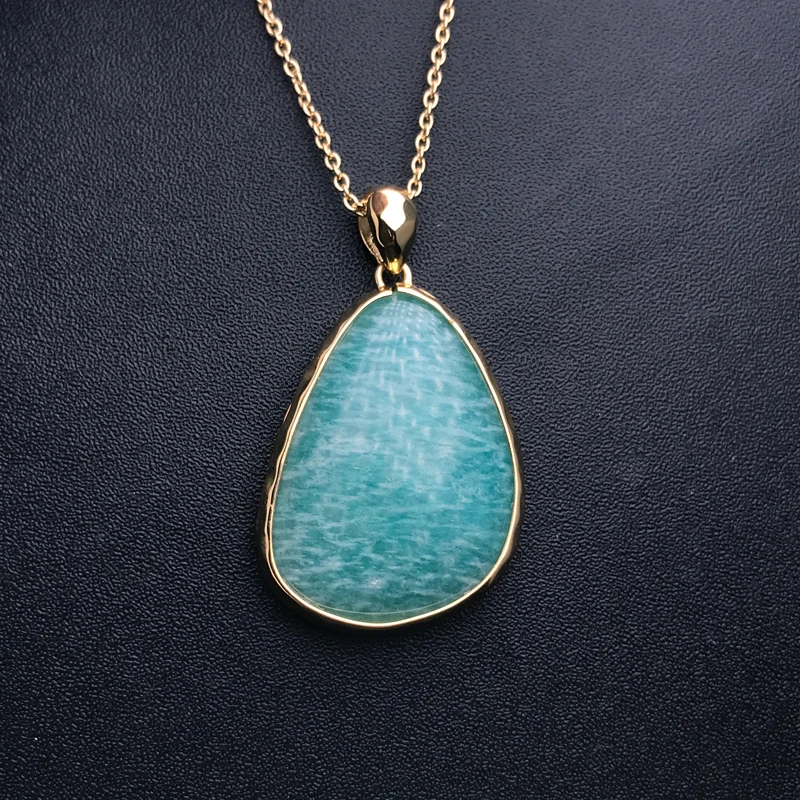 100% Natural Amazonite Pendant Yellow Gold Gemstone 22*30mm Necklace for Women Wedding Party Trendy Jewelry Gift