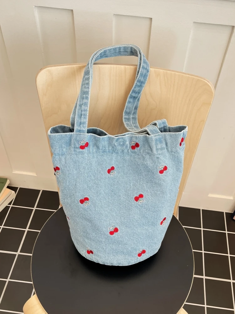 Embroidered Cherry Denim Handbag Women's Underarm Bucket Bag Casual Single Shoulder Canvas Bag Soft Polyester  Magnetic...