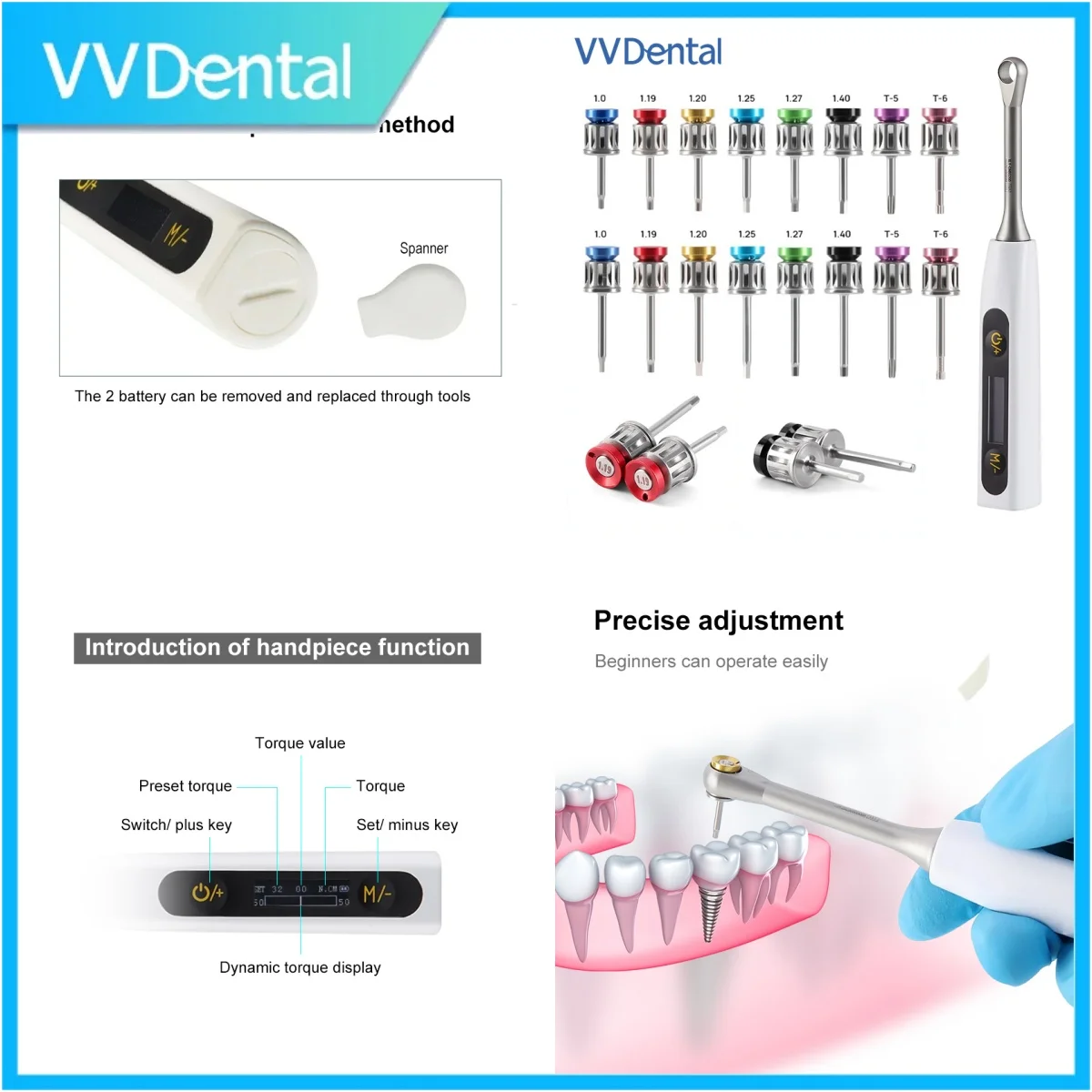 VV Dendal Electric Dental Torque Wrench Set For Dental Instrument Maintenance With Ratchet and Colored Screwdriver 10-40 N/cm