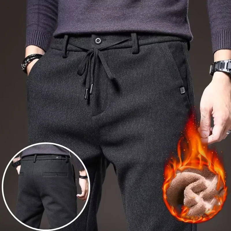 

Autumn Winter Men Thermal Office Pants Straight Narrow Leg Classic Casual Pants Drawstring Tie Up Design Thicken Fleece Trousers