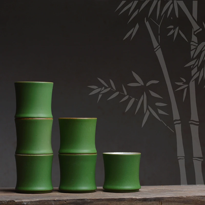 80ml Chinese Ceramic Tea Cup with Bamboo Holder Green Glaze Kung Fu Gongfu Tea Set for Tea Ceremony Zen Meditation Home Use Gift