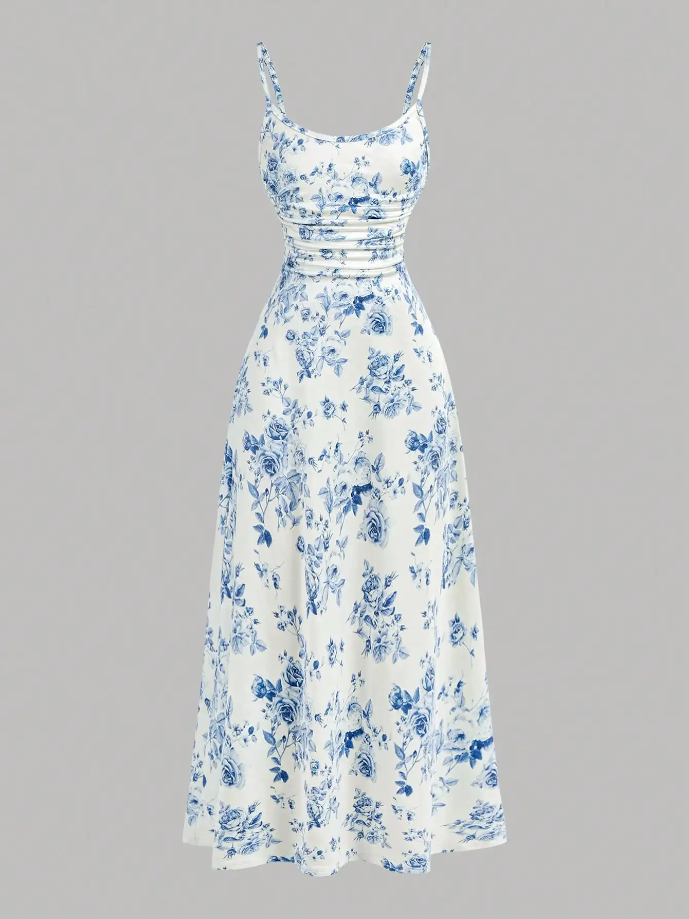 

Blue Floral Print Spaghetti Strap Maxi Dress with Ruched Waist