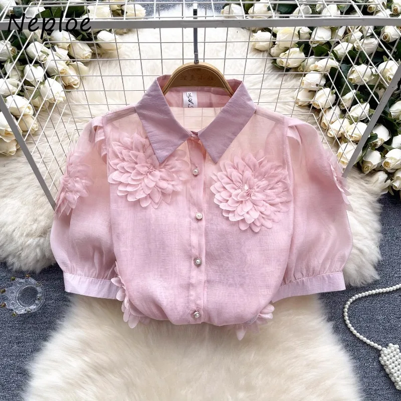 

Neploe 2025 Summer New Single Breasted Pink Blouses 3D Flower Puff Sleeve Shirts Women Y2k Lapel Neck All-match Blusas Mujer
