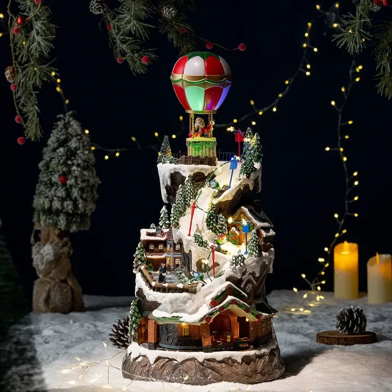Electric Rotating Christmas Music Box Light Up Train Track Village Snow House Ornament Holiday Decoration Gift For Kids Home