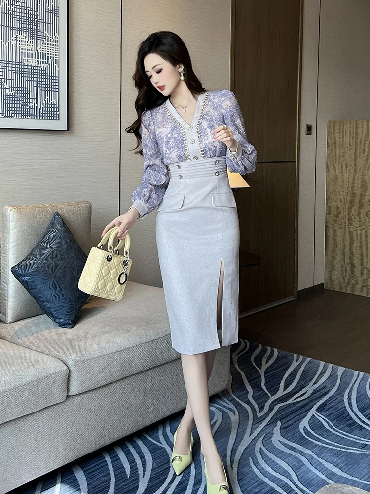 Spring New Women's Heavy-Duty Diamond V Neck Design Lace Splicing Slim Dress