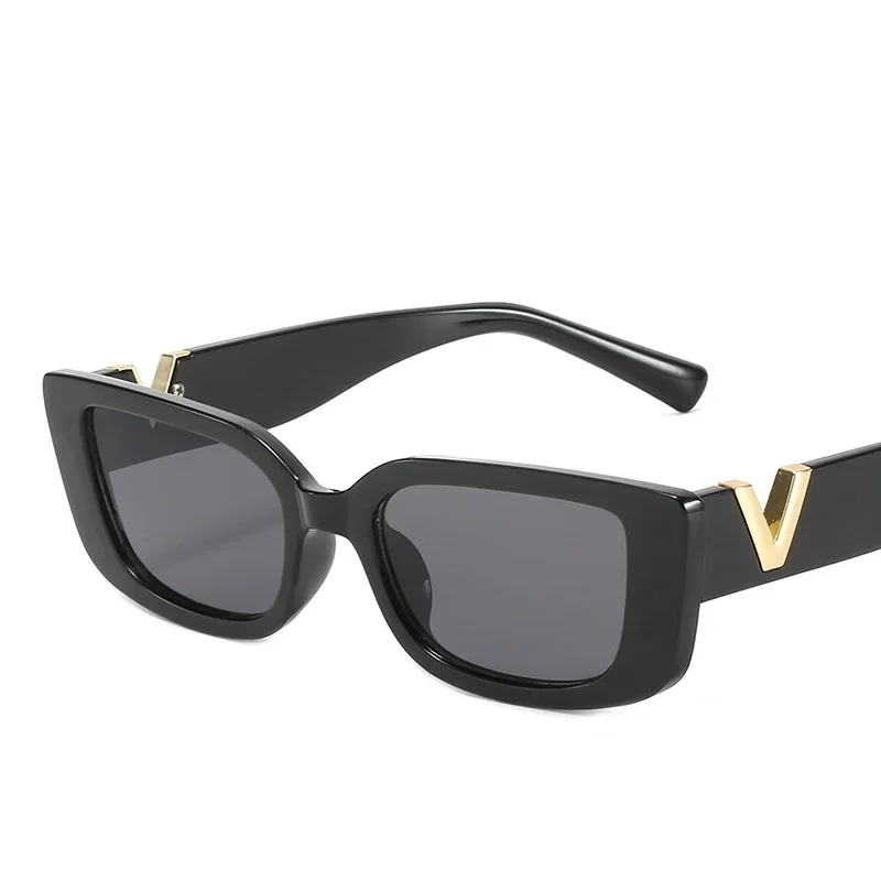 Trending V-Logo Retro Sunglasses Women Small Frame Square Classic Shades Black Sun Glasses