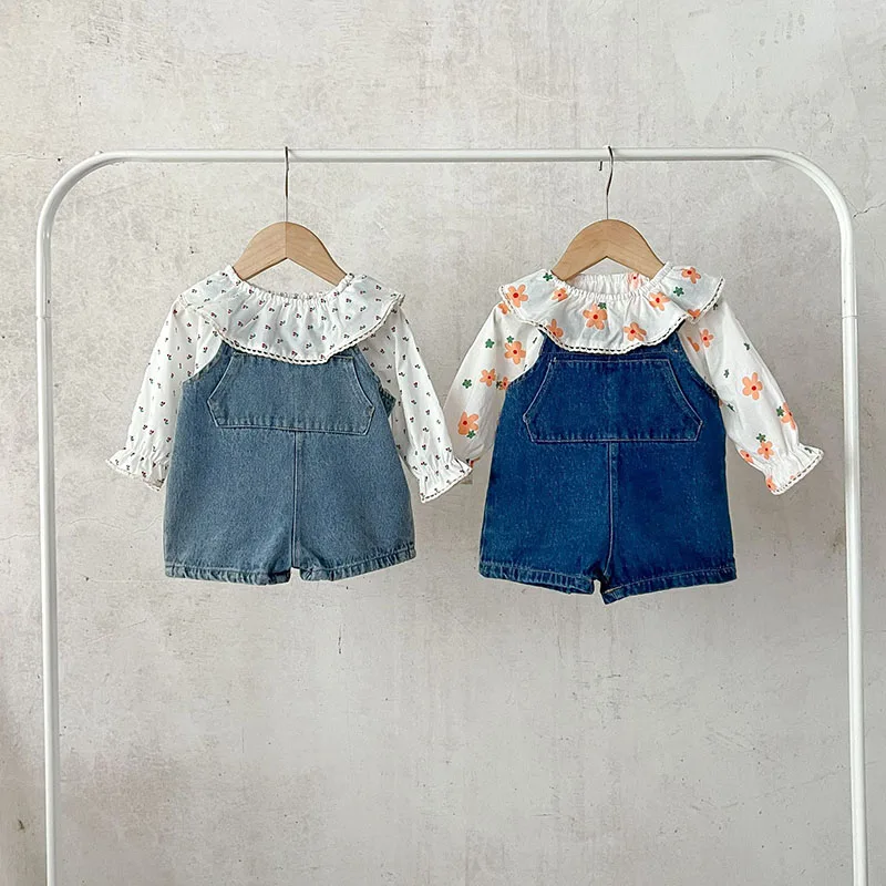 MILANCEL New Spring Baby Clothes Set Toddler Sweet Floral Tops Soft Denim Overall Girls Outwear