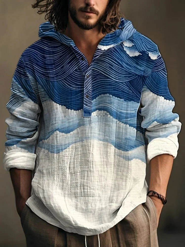 Vintage Japanese Art Sea Wave Printed Hooded Shirt 2026 Fashion New Autumn Buttons Harajuku Blouse Casual Loose Tunics Males