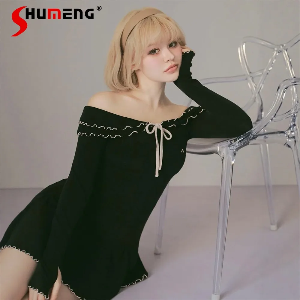 

2026 Spring Women's Slim Fit Off-Shoulder Short Knitted Dress Sexy Hot Girl Ruffled Knitted Long Sleeve Dress Lady Casual Dress