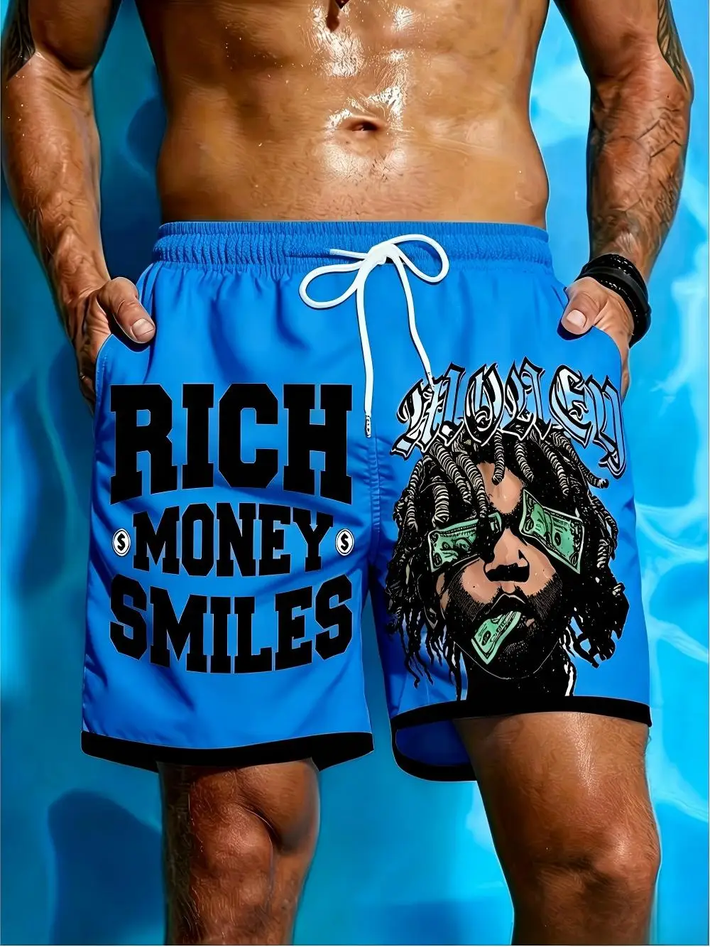 New European and American men's urban summer wealth letter print soft and breathable drawstring shorts outdoor street pants