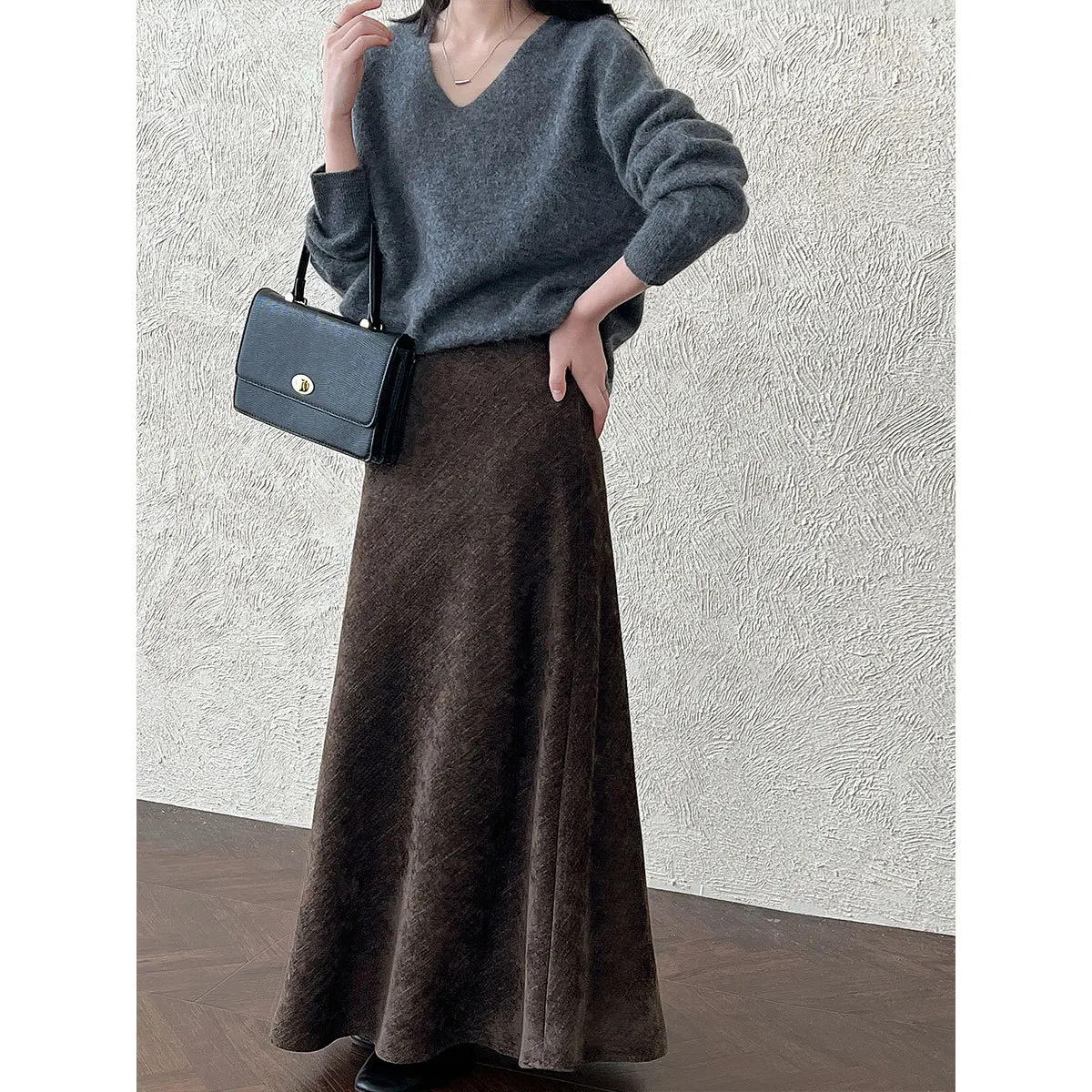 Vintage Flannel Twill Polished A Word Fishtail Skirt Women's Autumn and Winter High-end Hip Skirt