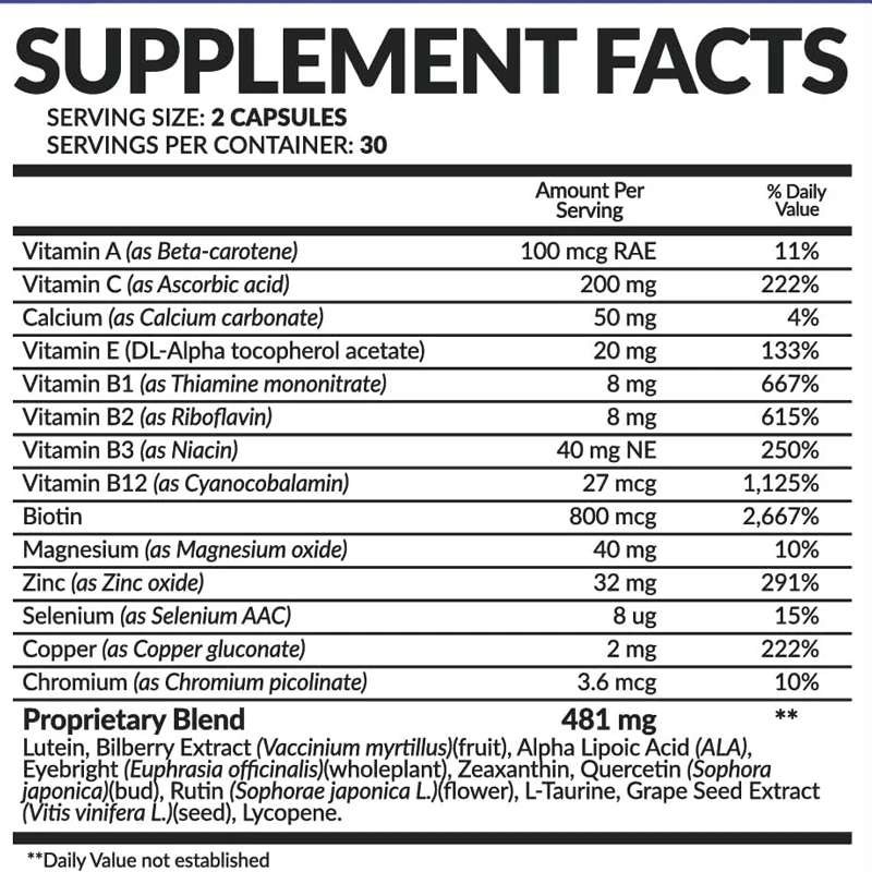 Eye Vitamin Supplement - All natural proprietary blend supports vision and macular health -60 vegetarian capsules