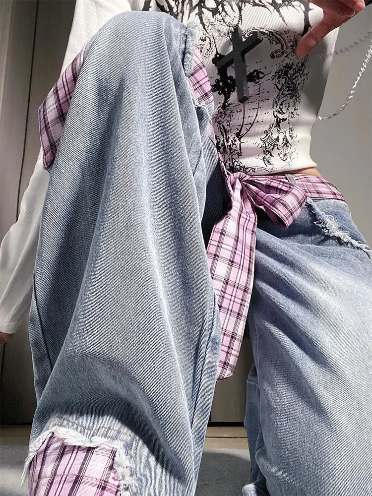 Retro preto arco cinta xadrez retalhos jeans para design feminino outono e inverno, nicho solto calças de perna larga