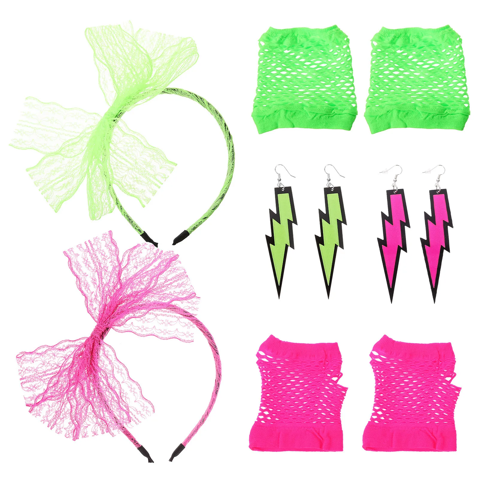 2 sets neon feestaccessoires voor vrouwen 80S kanten hoofdband oorbellen vingerloze visnethandschoenen retro vintage prom danskostuum