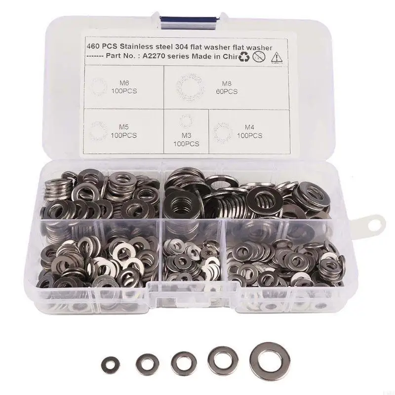 D5BE 460PCS Stainless Steel Flat Washer Lock Washer Assortment Set (Size Included: M6 Flat Washer Plain Gasket