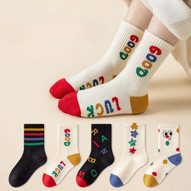 

5 пар носков для мальчиков, шерстяные полосатые носки с милым мультяшным радужным узором для девочек и детей