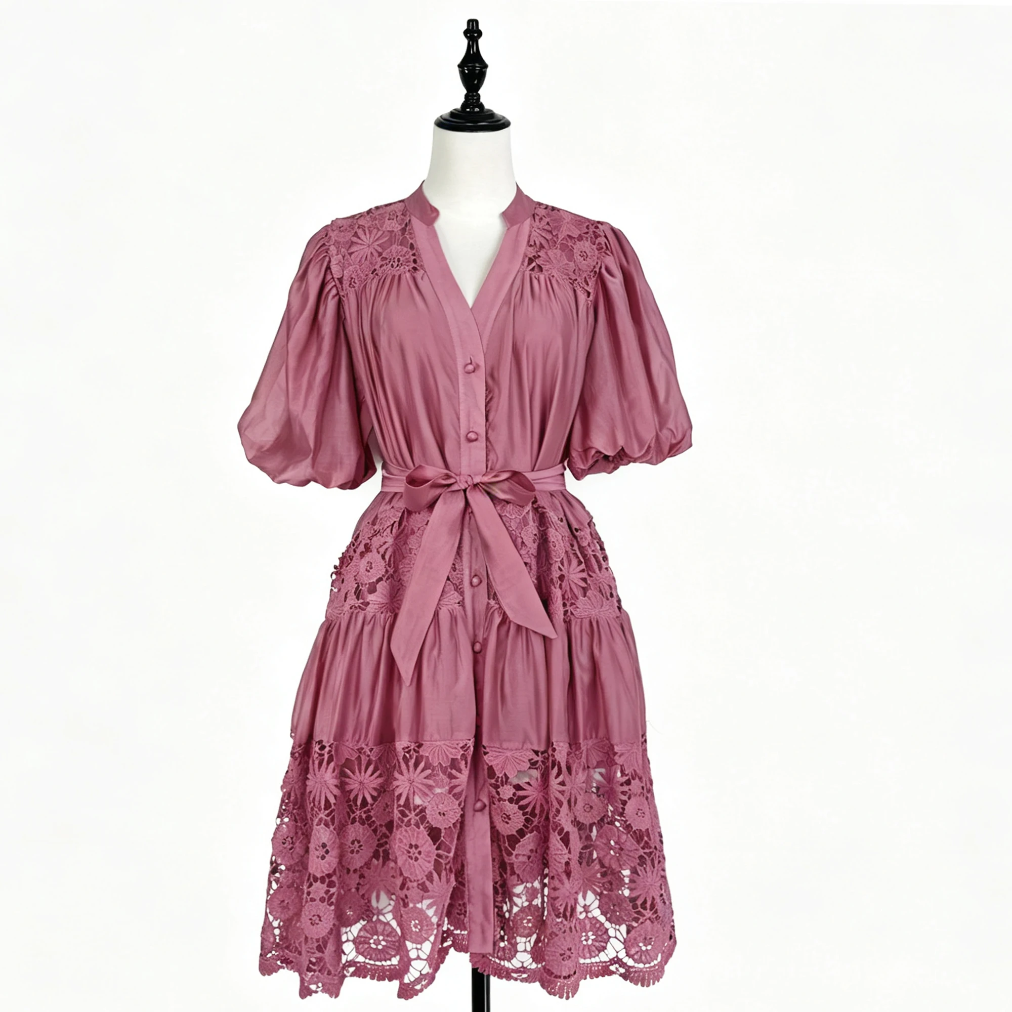 

Women Hollow Crochet Lace Midi Dress V Neck Puff Short Sleeve Tie Waist Belt Single Breasted Ruffle Summer Casual Party Dress