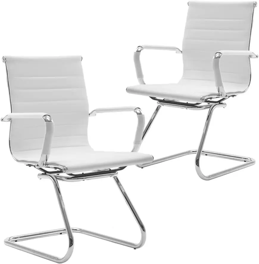 

Office Guest And Reception Chairs - No Wheels, Leather, Mid Ba With Sled Base For Meeting/Lobby/Restroom, White (2 Pack)