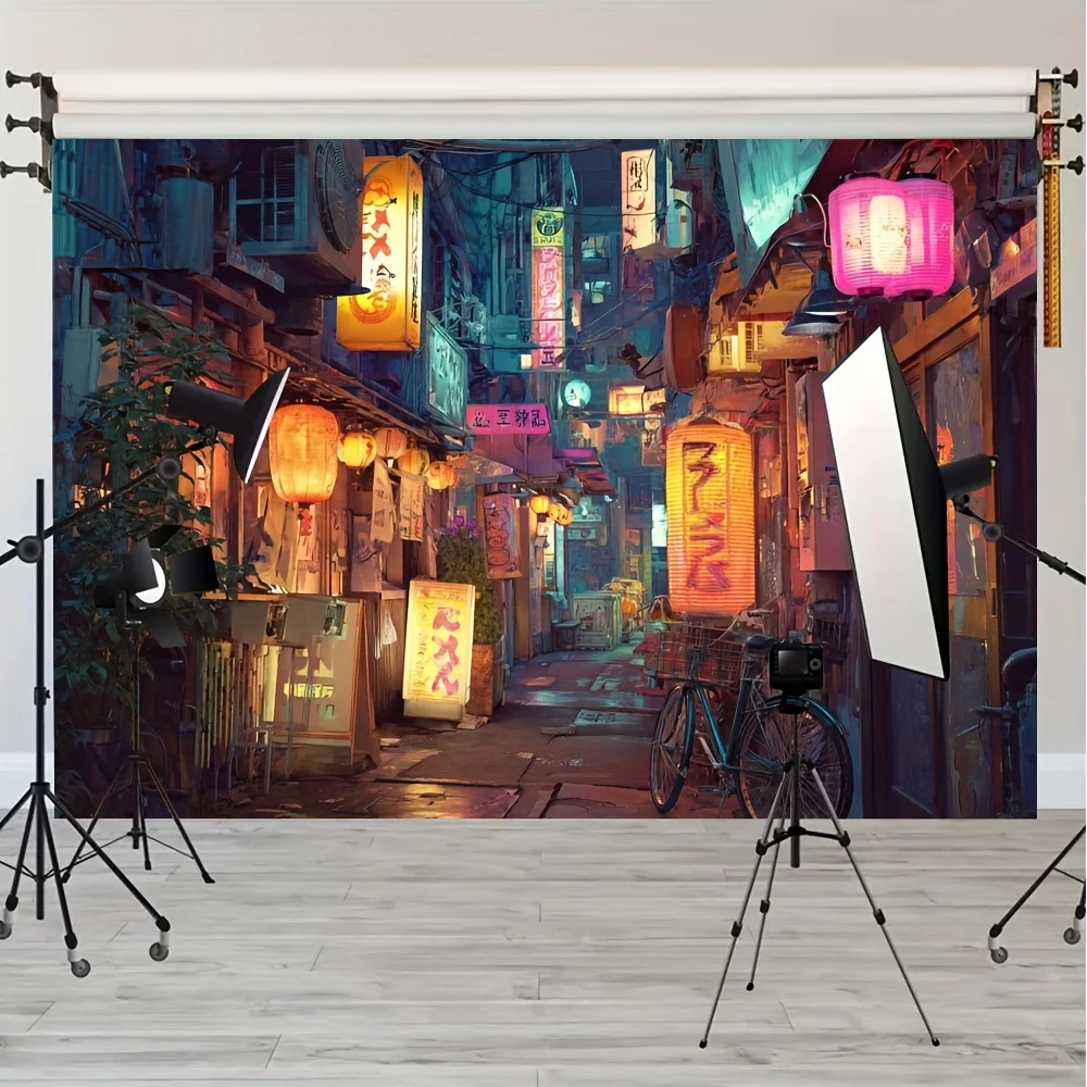 Cyberpunk Neon Street Tapestry 2D Flat Wall Hanging Japanese Lantern Alley Decor for Bedroom Living Room Anime Art Fabric Poster