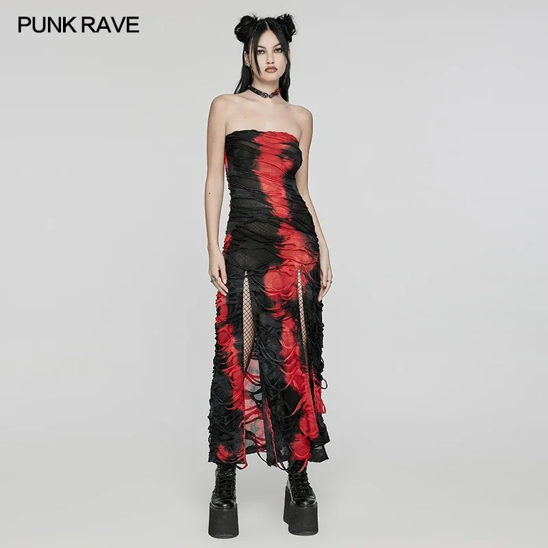 PUNK RAVE Women's Gothic Tattered Texture Tie-dyed Strapless Long Dress Punk Sexy Slit Hem Charm Party Club Dresses Summer