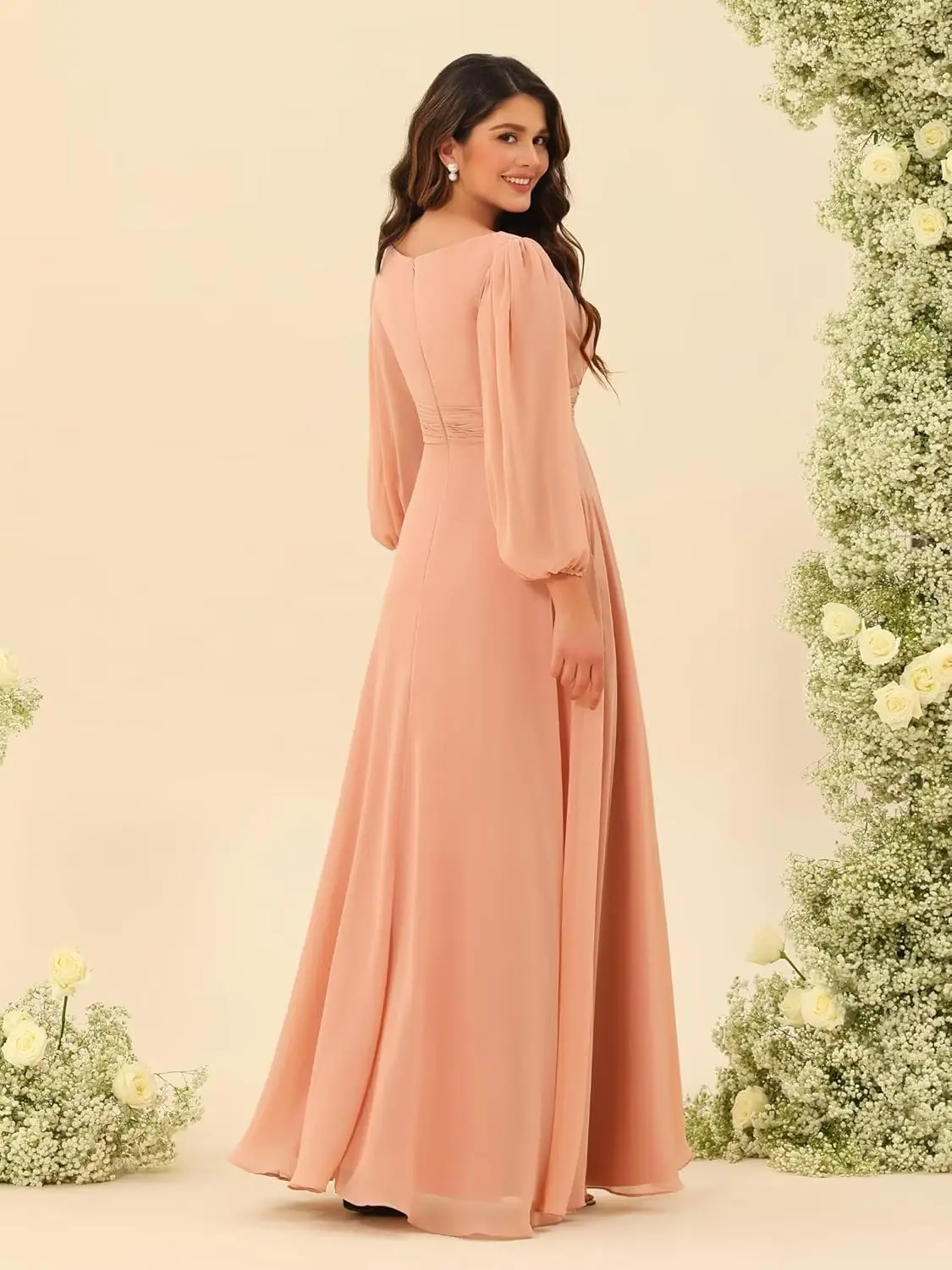 Chiffon Long Sleeves Bridesmaid Dresses Scoop Neck Pleated A Line Long Formal Dresses for Women Plus Size Wedding Guest Dress