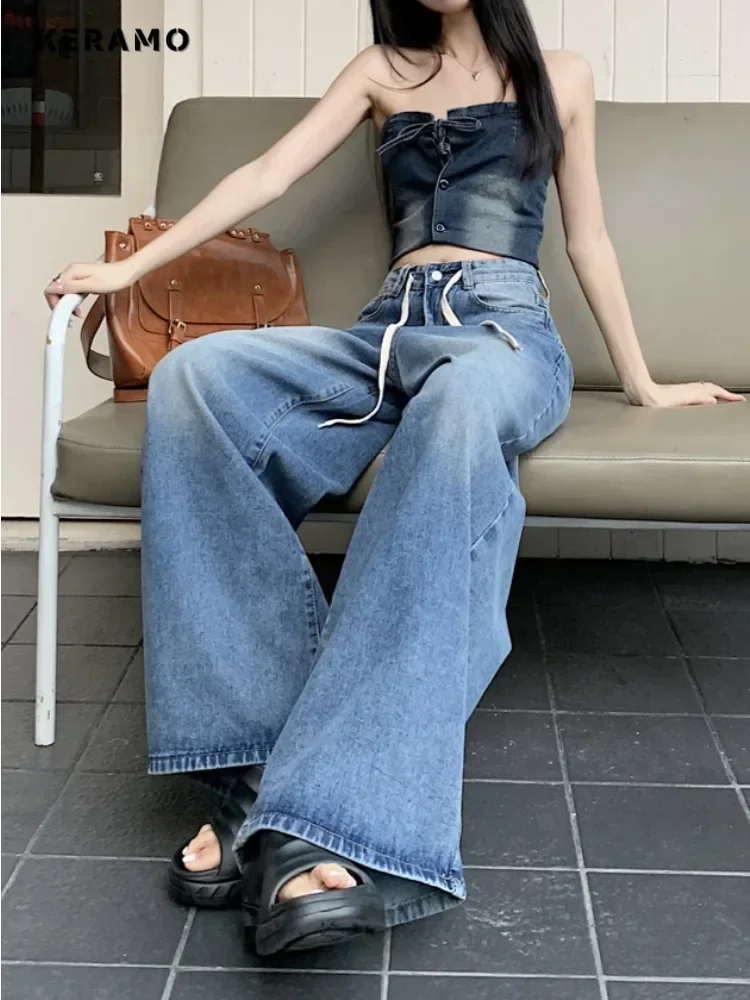 American Retro übergroße Kordel zug Jeans Frauen lässig Baggy Pocket Y2k Hosen weites Bein Grunge Street High Taille Denim Hose