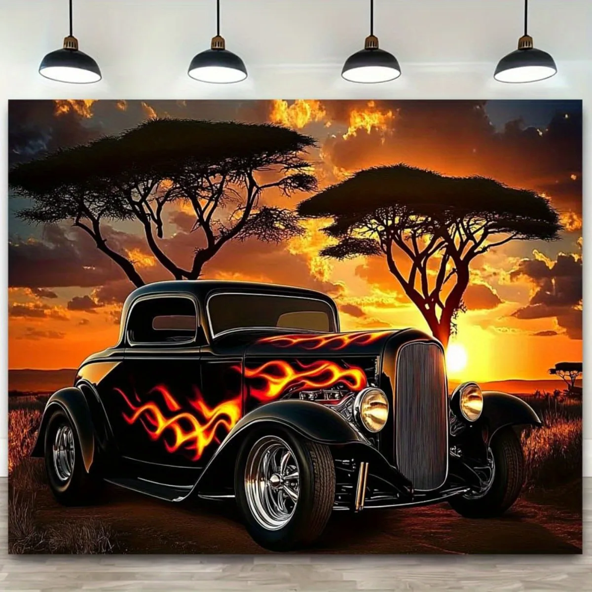 

hot rod car sunset tapestry classic vehicle flame paint african savanna landscape