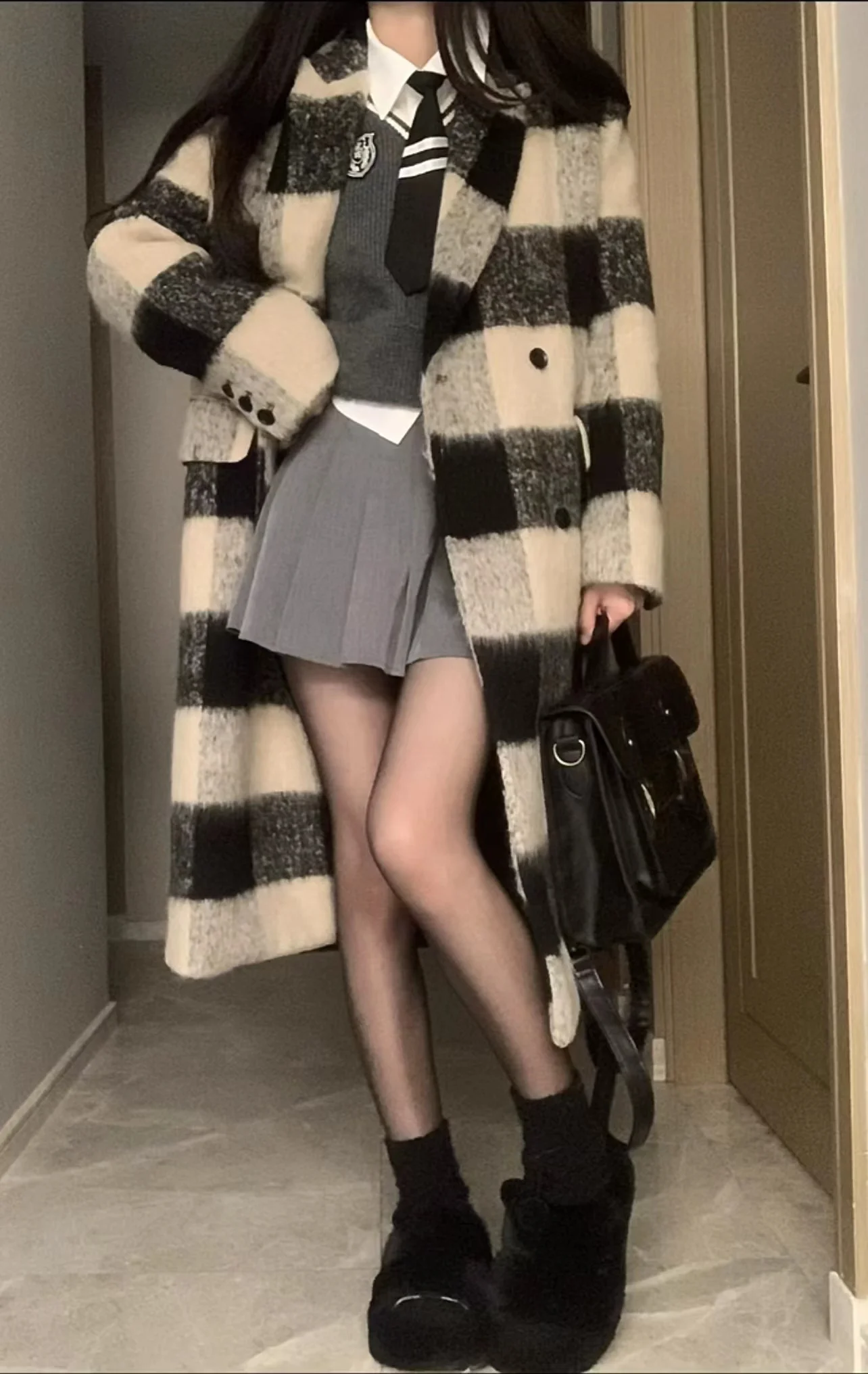 

Winter Thiened Woolen Coat Women's Plaid Sle Commute Double-Breasted Long Sve Rabbit Fur Lined Mid-Length Cloak