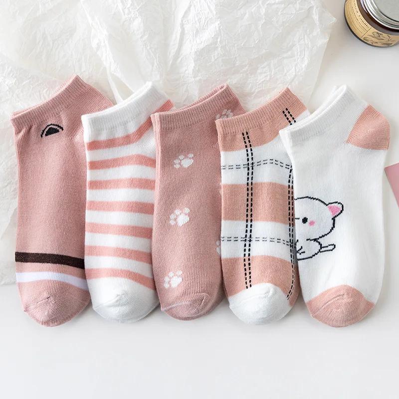 5 Pairs/Set Woman Cotton Ankle Socks Cartoon Breathable Fashion Dropshipping Slippers Sports Harajuku Girls Cute Short Casual