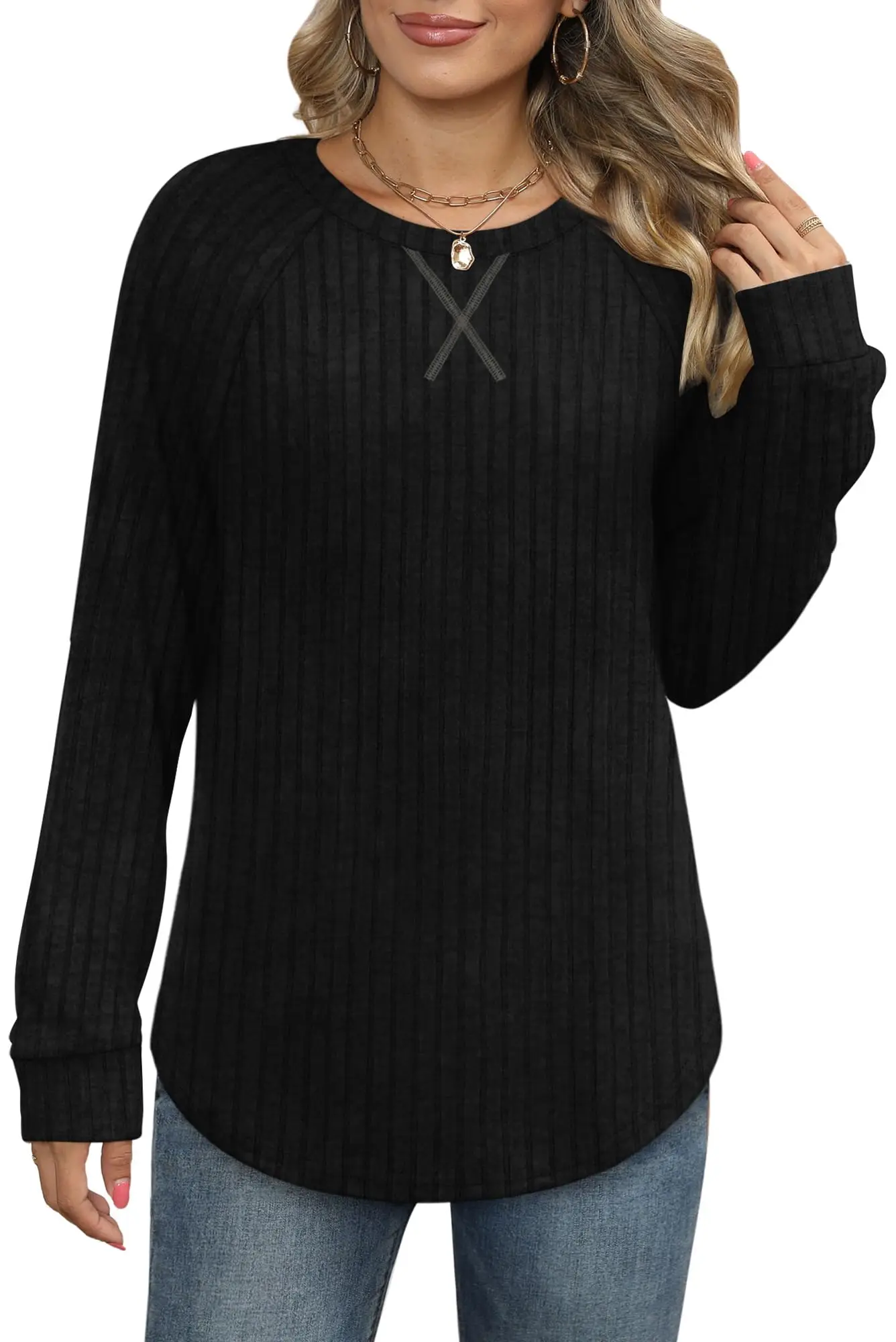 Ladies Crew‑Neck Long‑Sleeve Textured Knit Pullover Neckline X‑Shaped Embroidery Relaxed Silhouette Daily Top For Casual Outings
