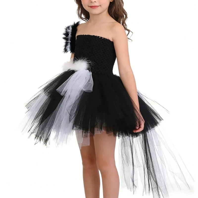 

White Black Skunk Tutu Dress for Girls High Low Carnival Animal Outfits Kids Mephitis Macroura Halloween Costumes with Long Tail