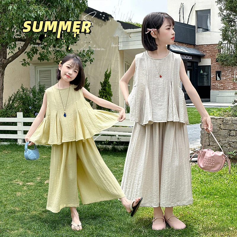 

Kids Girl Minimalist Simple Summer Top and Bottom Clothes Set Solid Tshirt + Pants 2PCS Clothing Suit Child Casual Ruffle Outfit