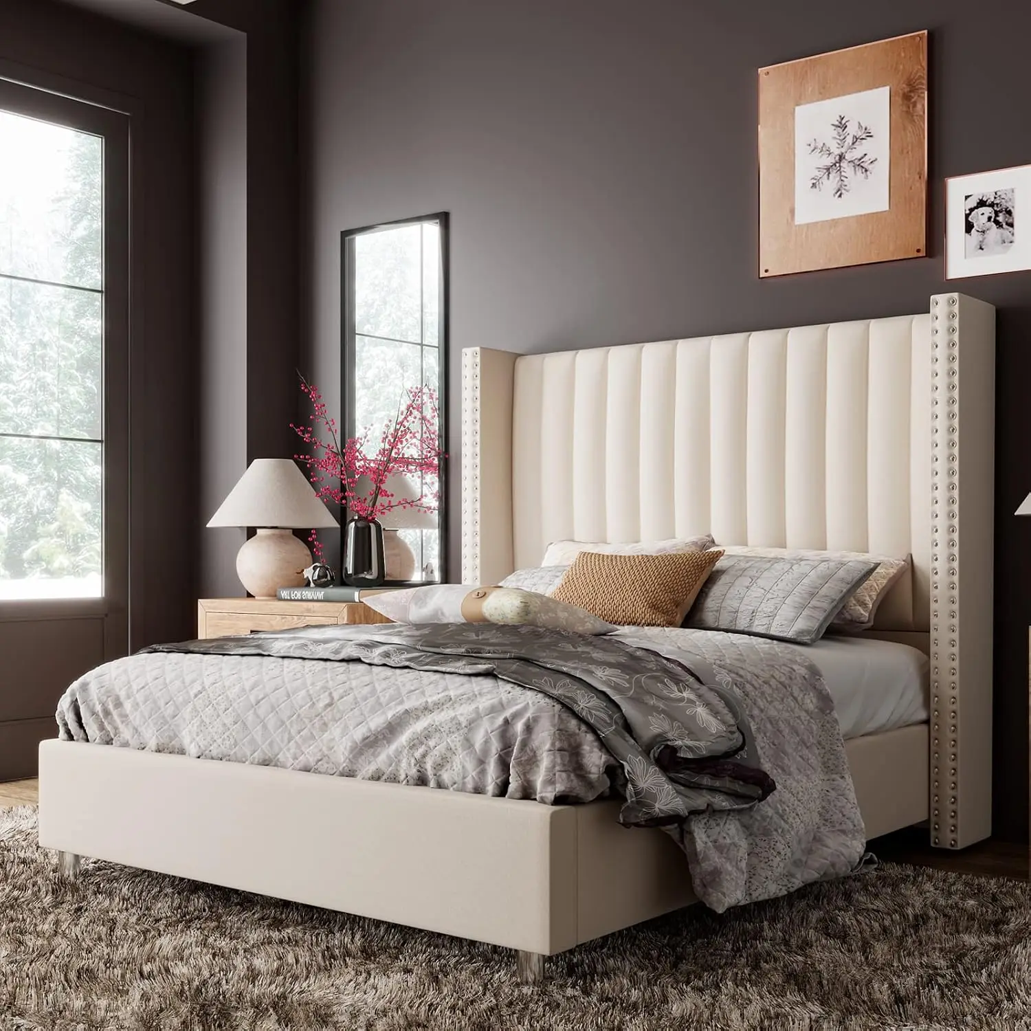 Velvet Wingback Queen Bed Frame with Upholstered Headboard, Cream, Customized