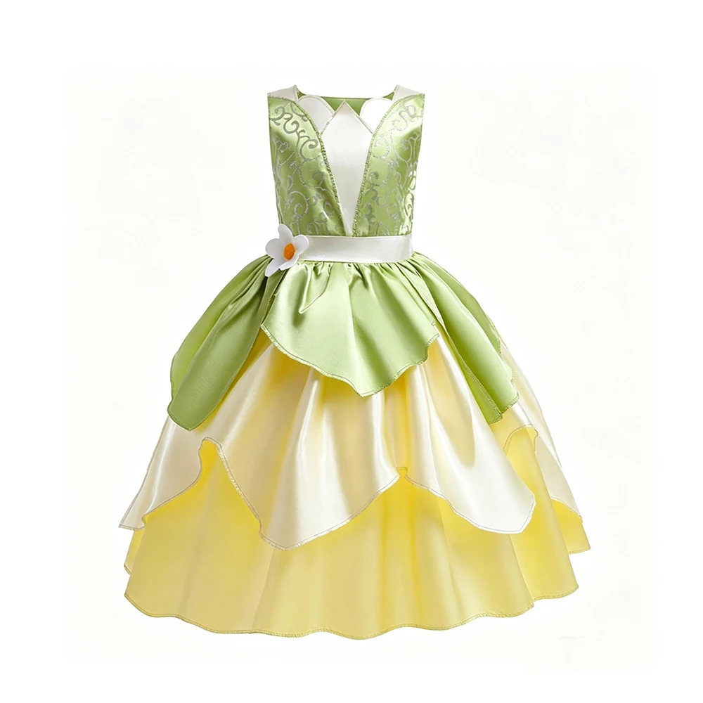 Tiana Costume Girl Green Princess Dress with Fairy Wings Crown Wand for Girls Stage Performance Halloween Cosplay