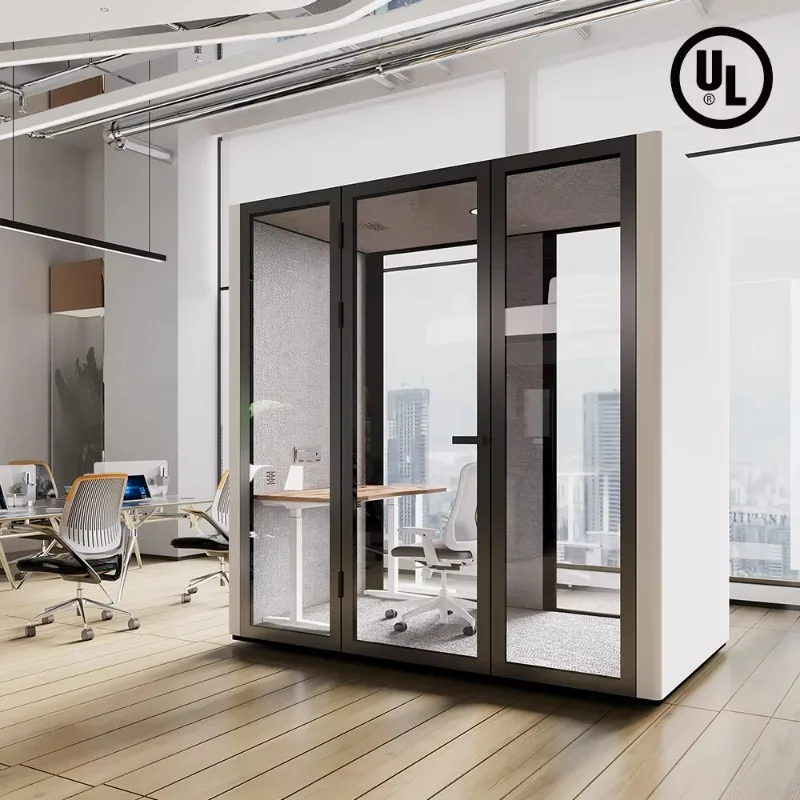 custom madeSteel Frame Soundproof Office Phone Booth Acoustic Privacy Pod With Glass Door LED Task Light and Desk