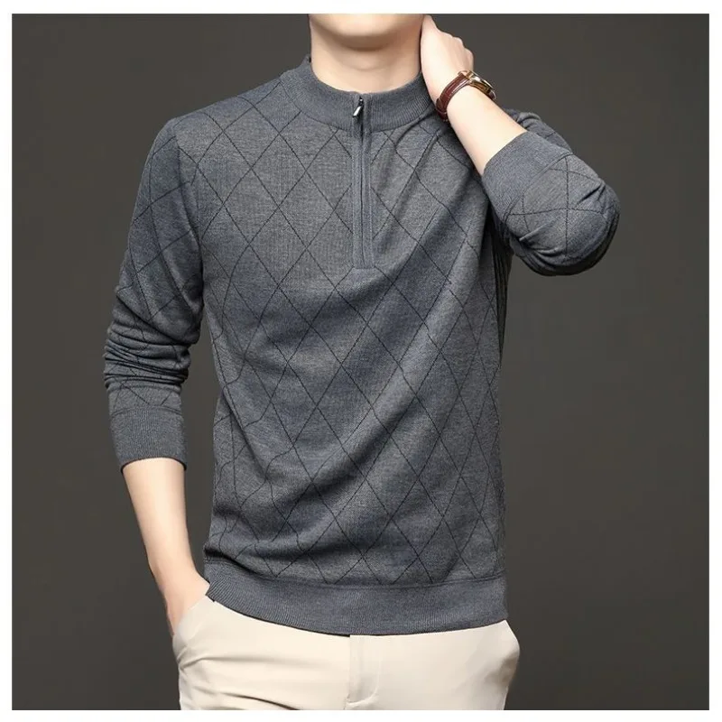 سترة رجالية سميكة ذات ياقة مدورة خفيفة فاخرة وسحاب محبوك في منتصف العمر سترة محبوكة #3