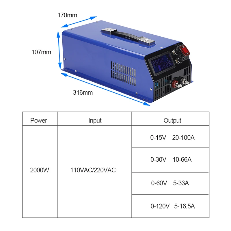 2000W 15V 30V 60V 120V Adjustable Switching Power Supply 0-15V 20-100A 0-30V 10-66A 0-60V 5-33A 0-120V 16.5A LED Display AS-2000
