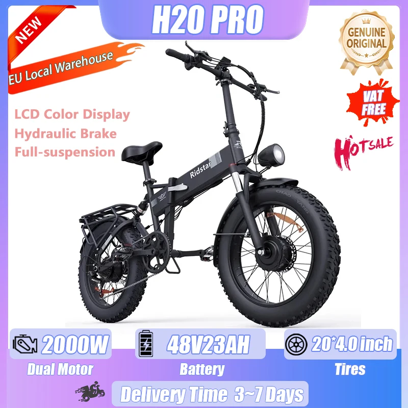 Vélo électrique pliable H20 PRO 2000W, double moteur, batterie 48v 23ah, freins hydrauliques, pour adultes, 20x4.0 pouces, gros pneus, pour les déplacements en ville