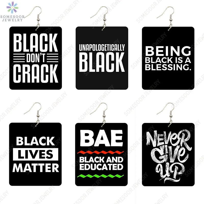 SOMESOOR Unpologetically Black Don't Crack Wooden Drop Earrings Educated Blessing Sayings Rectangle Pendant Dangle For Women