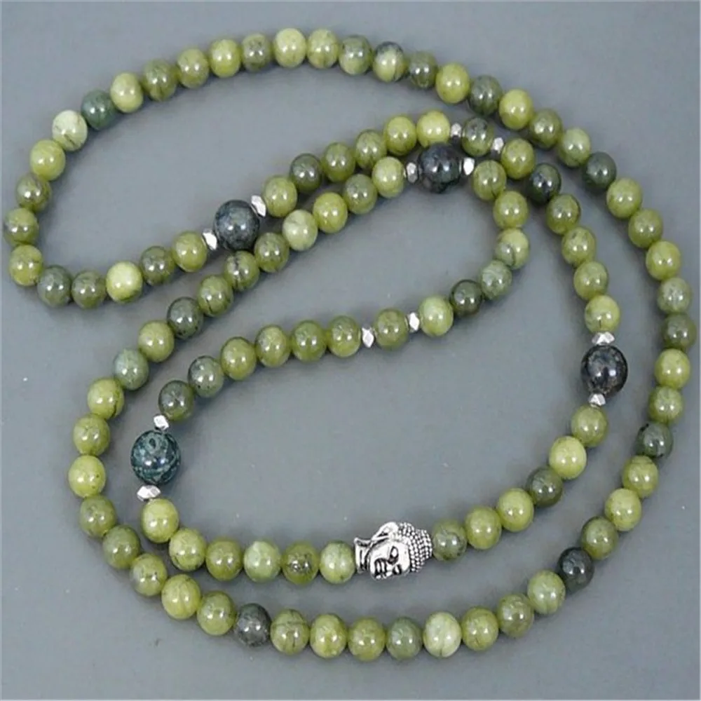 6mm Grass Green Jade Silver Buddha 108 Bead Mala Bracelet Teens Artisan Bohemian Peace Women Handmade Fragrant Wrap Prayer